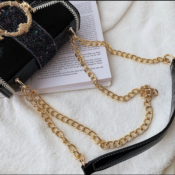 Graphite Chain Glitter Leather Shoulder Bag / Crossbody Bag (Black) - Picture 5 of 7